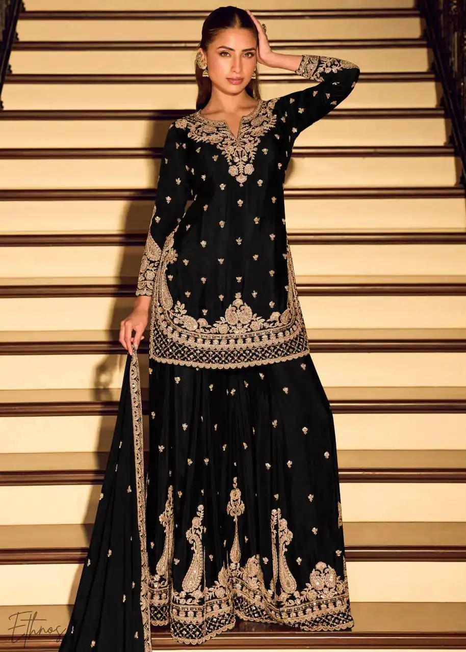 ZB 5067 Black Chinon Silk Salwar Suit Perfect for Wedding, Party, Ganesh Chaturthi, Baby Shower, Makar Sankranti – . Affordable Price ₹2399. /- | Casual Suits, Jump Suits, Creative suits, Designer Suits, Palazzo Suits, Party Wear Suits, Patiala Suits, Salwar suit, Straight Suits