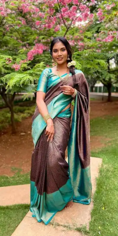KP 4039 Brown Soft Lichi Silk Cloth Saree Perfect for Wedding, Party, Family Gatherings, Sangeet, Festive Deal ₹1599. Delivery 4-6 Working Days | Creative Sarees, Bollywood Sarees, Designer Sarees, Embroidered Sarees, Ethnic Saree, Modern Digital sarees, Party Wear Sarees, Sarees