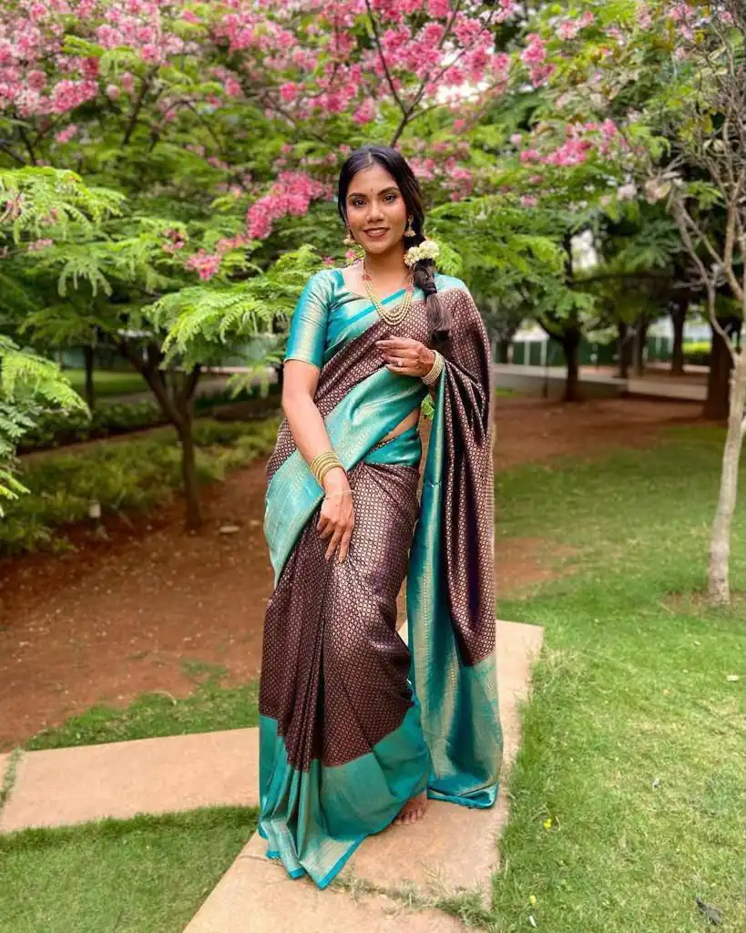 KP 4039 Brown Soft Lichi Silk Cloth Saree Perfect for Wedding, Party, Family Gatherings, Sangeet, Festive Deal ₹1599. Delivery 4-6 Working Days | Creative Sarees, Bollywood Sarees, Designer Sarees, Embroidered Sarees, Ethnic Saree, Modern Digital sarees, Party Wear Sarees, Sarees