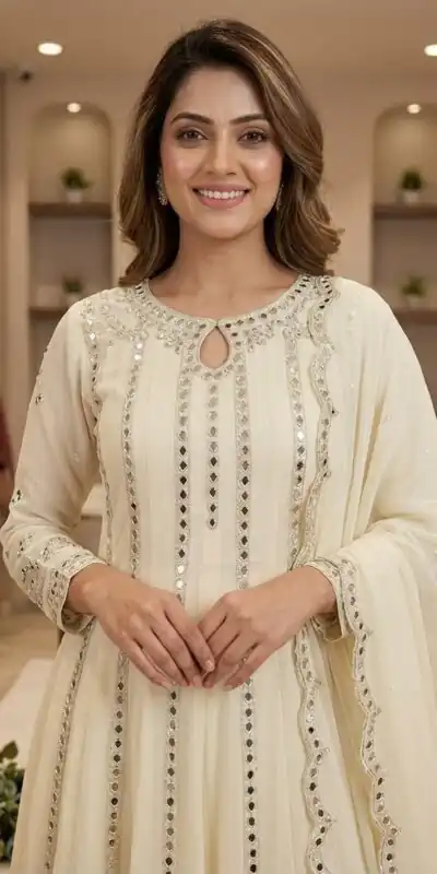 LG 2138 Cream Georgette Gown Perfect for Wedding, Party, Raksha Bandhan, Temple Visit, Onam – . Get it for ₹2899. Delivery 4-6 Working Days. Shop now | Bollywood Gowns, Creative Gowns, Designer Gowns, Embroidered Gowns, Gowns, Party Wear Gowns