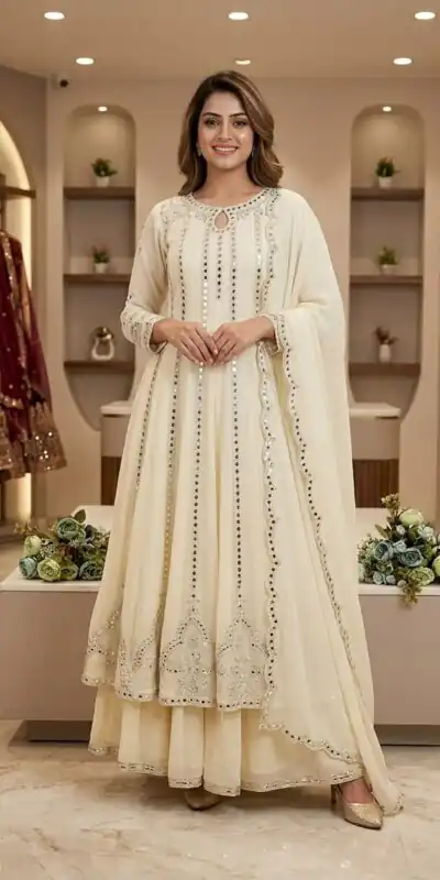 LG 2138 Cream Georgette Gown Perfect for Wedding, Party, Raksha Bandhan, Temple Visit, Onam – . Get it for ₹2899. Delivery 4-6 Working Days. Shop now | Bollywood Gowns, Creative Gowns, Designer Gowns, Embroidered Gowns, Gowns, Party Wear Gowns