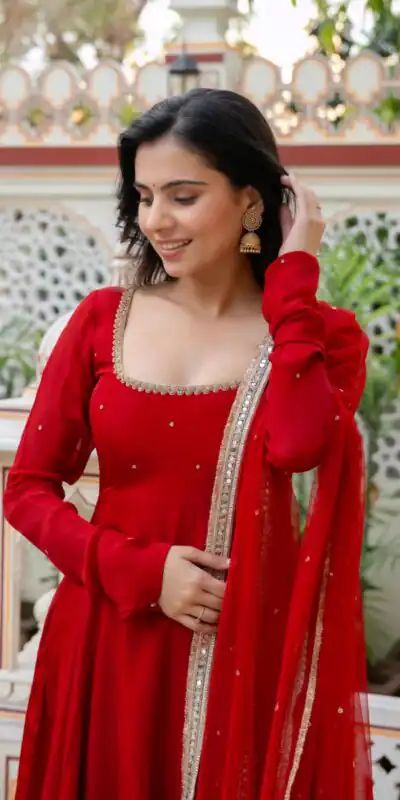 KD 1643 Red | Faux Georgette Salwar Suit with Lace Work & Digital Print. Introductory Price ₹2249. Delivery 4-6 Working Days. Shop now. | Anarkali Suits, Bollywood Anarkali, Creative-Anarkali, Designer Anarkali, Embroidered Anarkali, Party Wear Anarkali, Salwar suit