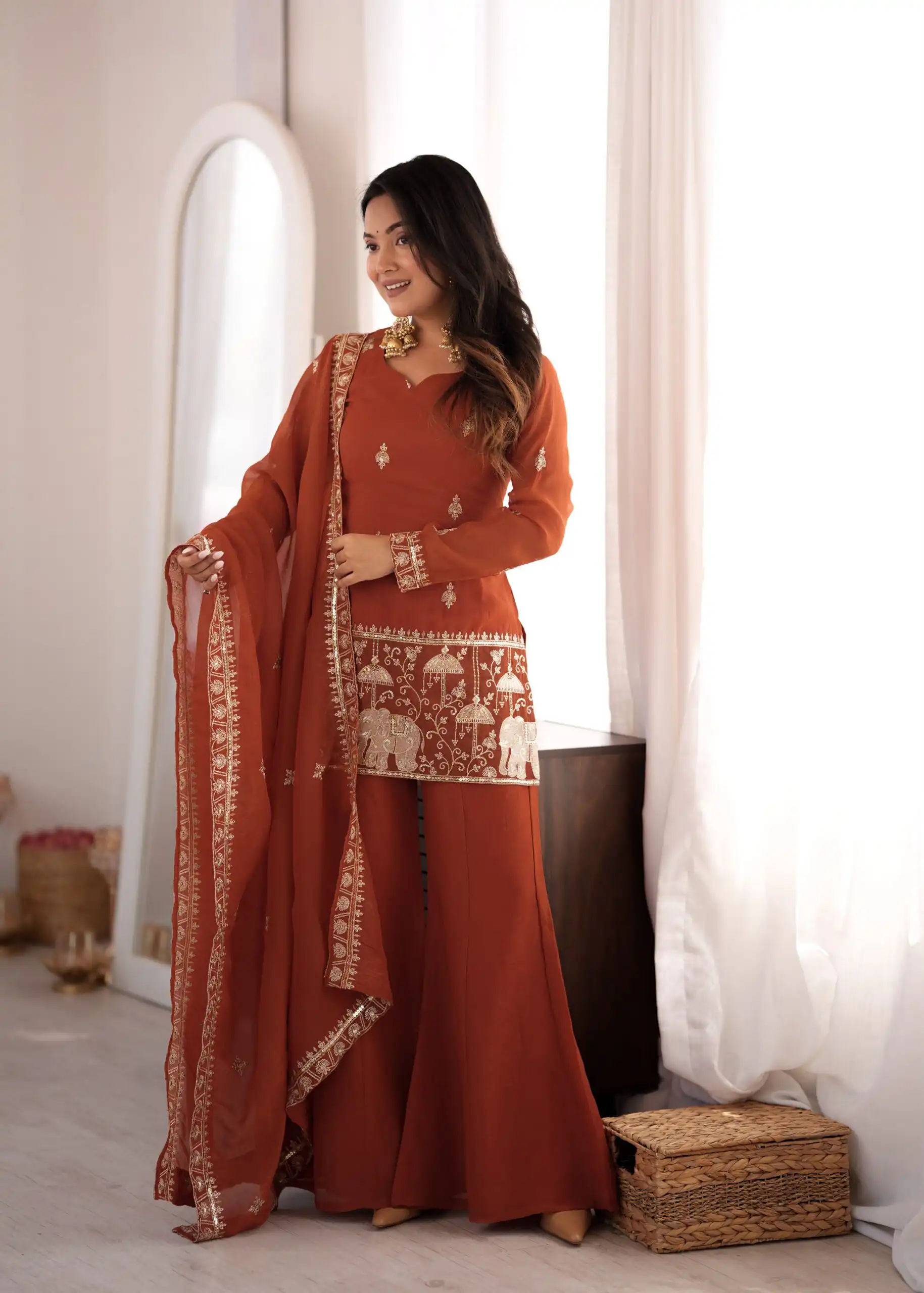 KB 311 Rust Crunchy Silk Salwar Suit with Embroidery Work & Sequins Work. Exclusive Offer ₹2049. Delivery 4-6 Working Days. Shop now. | Casual Suits, Jump Suits, Creative suits, Designer Suits, Palazzo Suits, Party Wear Suits, Patiala Suits, Salwar suit, Straight Suits
