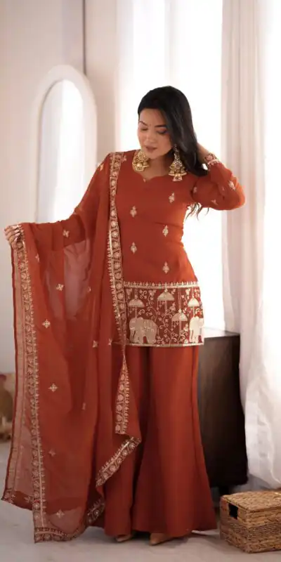 KB 311 Rust Crunchy Silk Salwar Suit with Embroidery Work & Sequins Work. Exclusive Offer ₹2049. Delivery 4-6 Working Days. Shop now. | Casual Suits, Jump Suits, Creative suits, Designer Suits, Palazzo Suits, Party Wear Suits, Patiala Suits, Salwar suit, Straight Suits