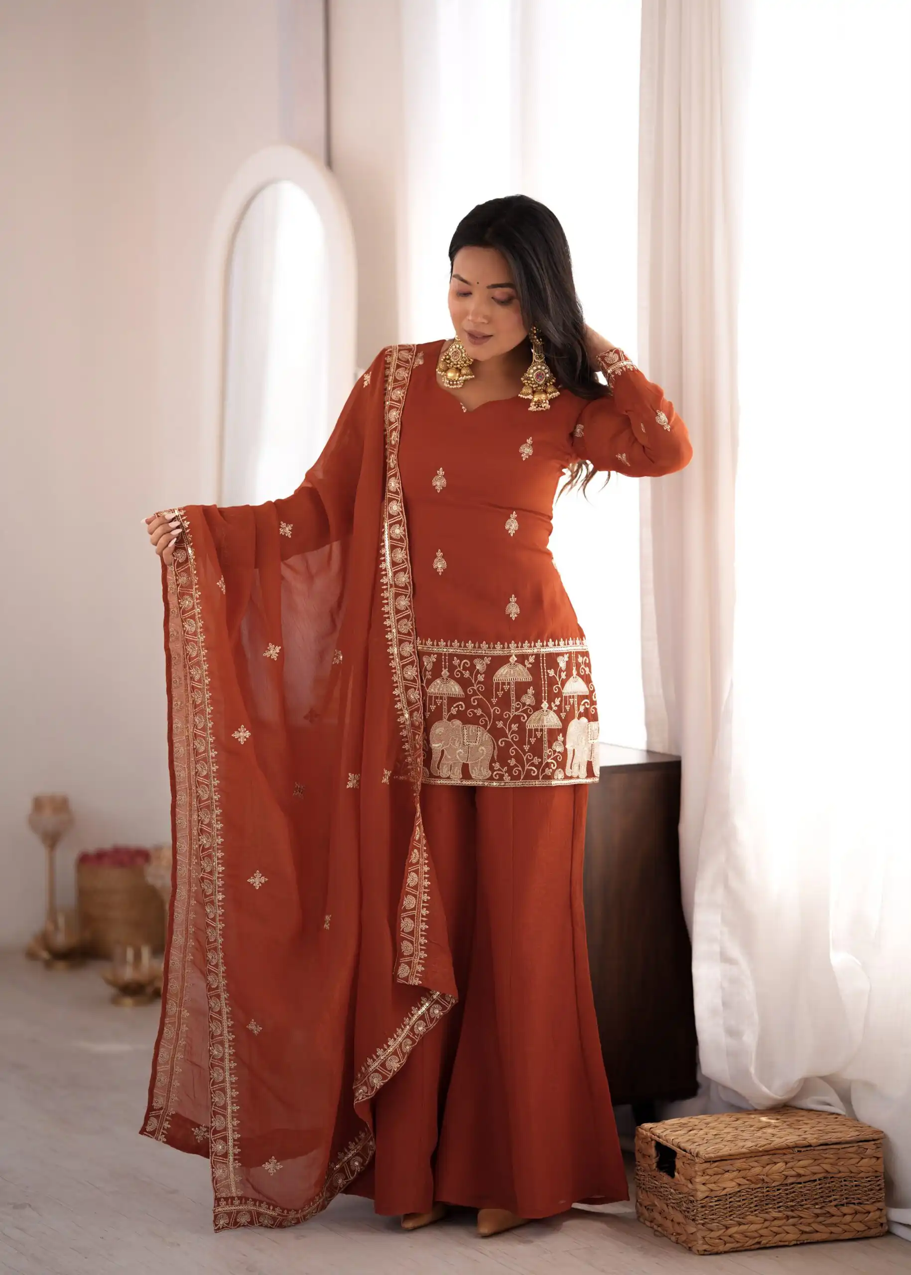 KB 311 Rust Crunchy Silk Salwar Suit with Embroidery Work & Sequins Work. Exclusive Offer ₹2049. Delivery 4-6 Working Days. Shop now. | Casual Suits, Jump Suits, Creative suits, Designer Suits, Palazzo Suits, Party Wear Suits, Patiala Suits, Salwar suit, Straight Suits