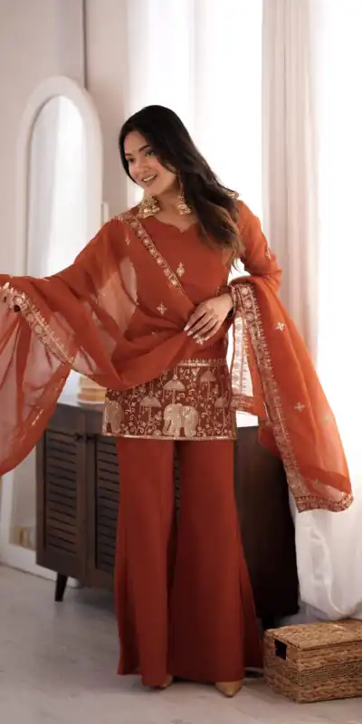 KB 311 Rust Crunchy Silk Salwar Suit with Embroidery Work & Sequins Work. Exclusive Offer ₹2049. Delivery 4-6 Working Days. Shop now. | Casual Suits, Jump Suits, Creative suits, Designer Suits, Palazzo Suits, Party Wear Suits, Patiala Suits, Salwar suit, Straight Suits