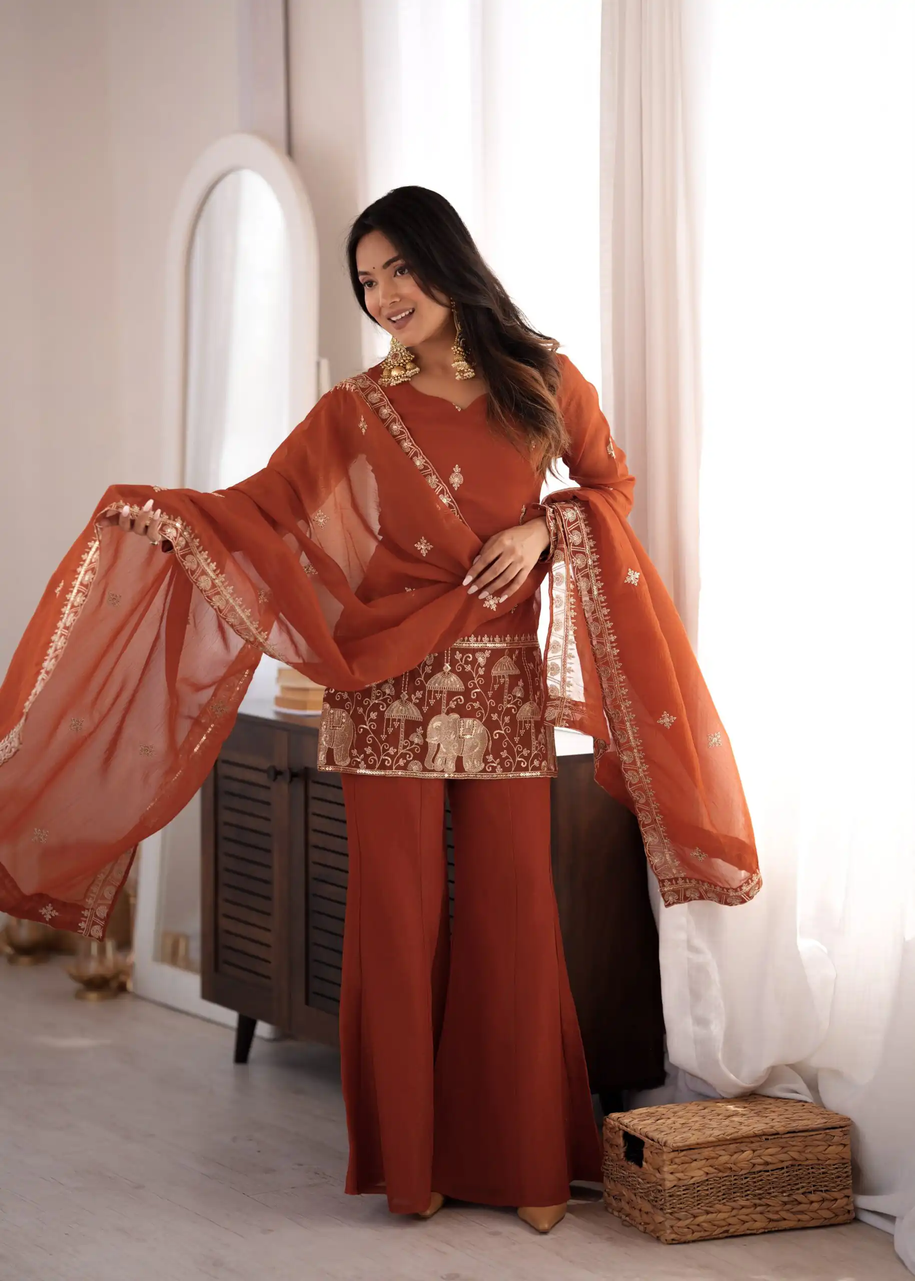 KB 311 Rust Crunchy Silk Salwar Suit with Embroidery Work & Sequins Work. Exclusive Offer ₹2049. Delivery 4-6 Working Days. Shop now. | Casual Suits, Jump Suits, Creative suits, Designer Suits, Palazzo Suits, Party Wear Suits, Patiala Suits, Salwar suit, Straight Suits