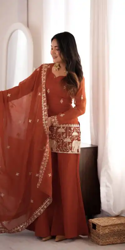 KB 311 Rust Crunchy Silk Salwar Suit with Embroidery Work & Sequins Work. Exclusive Offer ₹2049. Delivery 4-6 Working Days. Shop now. | Casual Suits, Jump Suits, Creative suits, Designer Suits, Palazzo Suits, Party Wear Suits, Patiala Suits, Salwar suit, Straight Suits