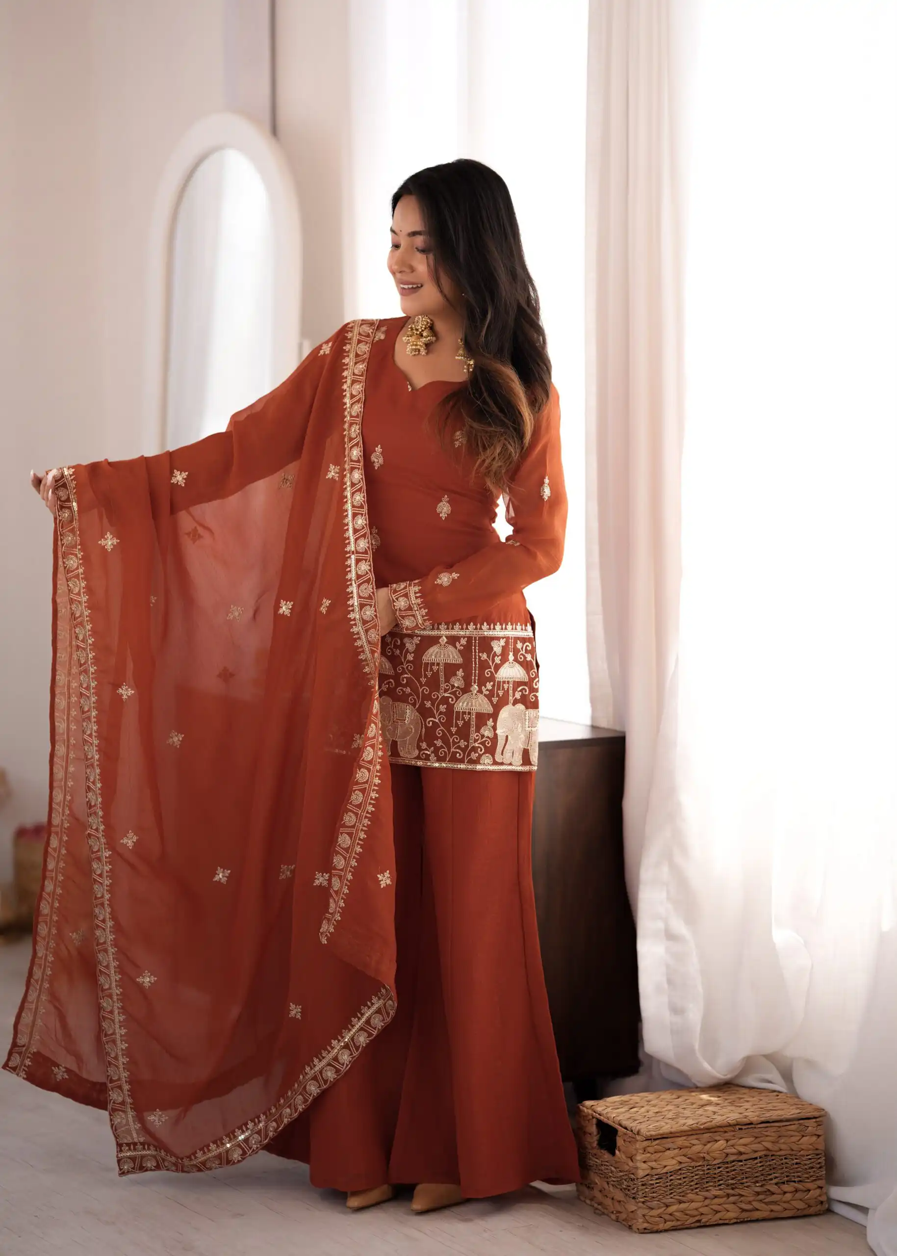 KB 311 Rust Crunchy Silk Salwar Suit with Embroidery Work & Sequins Work. Exclusive Offer ₹2049. Delivery 4-6 Working Days. Shop now. | Casual Suits, Jump Suits, Creative suits, Designer Suits, Palazzo Suits, Party Wear Suits, Patiala Suits, Salwar suit, Straight Suits