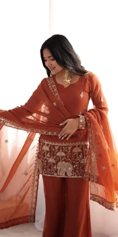 KB 311 Rust Crunchy Silk Salwar Suit with Embroidery Work & Sequins Work. Exclusive Offer ₹2049. Delivery 4-6 Working Days. Shop now. | Casual Suits, Jump Suits, Creative suits, Designer Suits, Palazzo Suits, Party Wear Suits, Patiala Suits, Salwar suit, Straight Suits