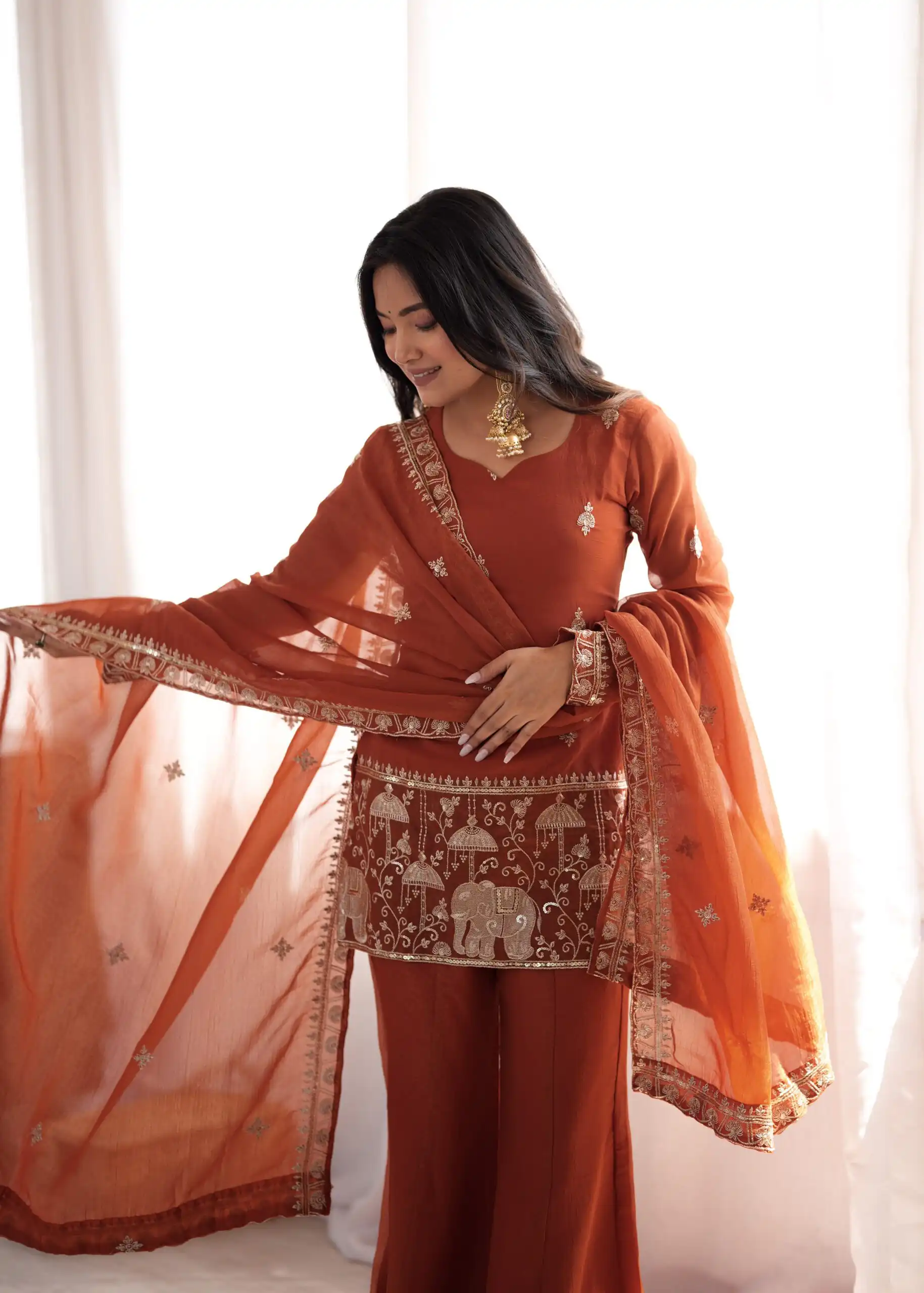 KB 311 Rust Crunchy Silk Salwar Suit with Embroidery Work & Sequins Work. Exclusive Offer ₹2049. Delivery 4-6 Working Days. Shop now. | Casual Suits, Jump Suits, Creative suits, Designer Suits, Palazzo Suits, Party Wear Suits, Patiala Suits, Salwar suit, Straight Suits