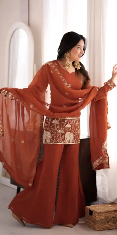 KB 311 Rust Crunchy Silk Salwar Suit with Embroidery Work & Sequins Work. Exclusive Offer ₹2049. Delivery 4-6 Working Days. Shop now. | Casual Suits, Jump Suits, Creative suits, Designer Suits, Palazzo Suits, Party Wear Suits, Patiala Suits, Salwar suit, Straight Suits