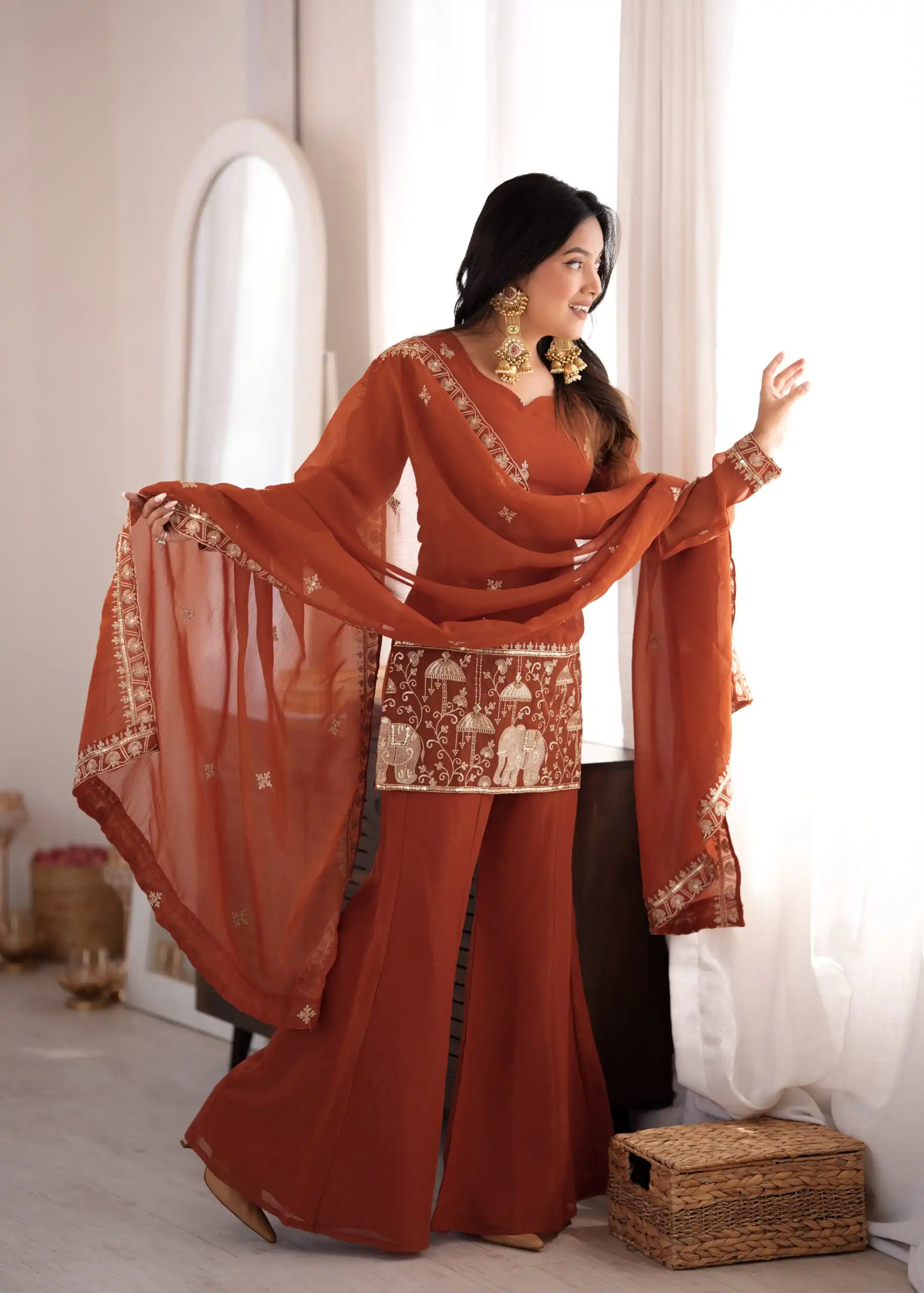 KB 311 Rust Crunchy Silk Salwar Suit with Embroidery Work & Sequins Work. Exclusive Offer ₹2049. Delivery 4-6 Working Days. Shop now. | Casual Suits, Jump Suits, Creative suits, Designer Suits, Palazzo Suits, Party Wear Suits, Patiala Suits, Salwar suit, Straight Suits
