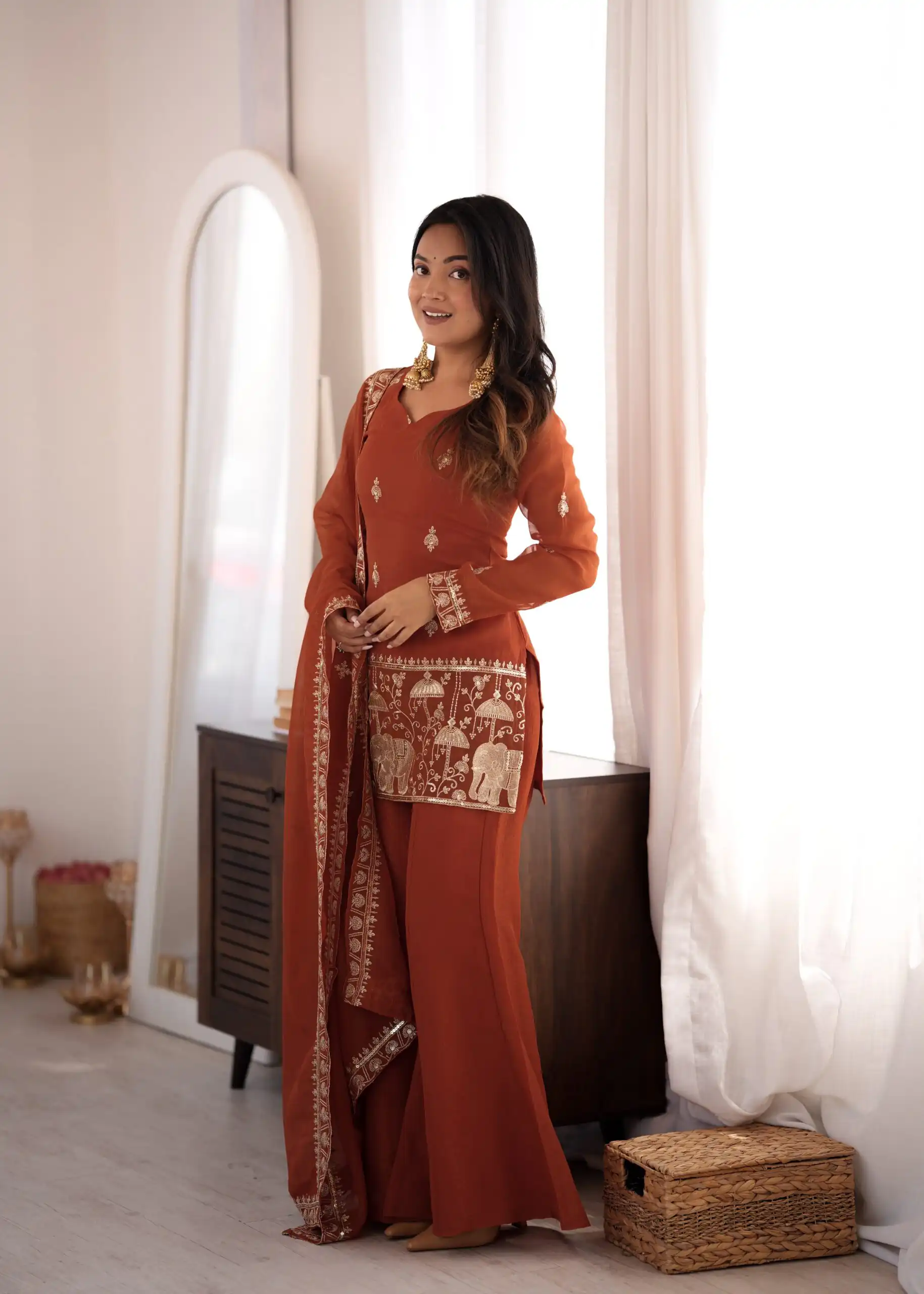 KB 311 Rust Crunchy Silk Salwar Suit with Embroidery Work & Sequins Work. Exclusive Offer ₹2049. Delivery 4-6 Working Days. Shop now. | Casual Suits, Jump Suits, Creative suits, Designer Suits, Palazzo Suits, Party Wear Suits, Patiala Suits, Salwar suit, Straight Suits