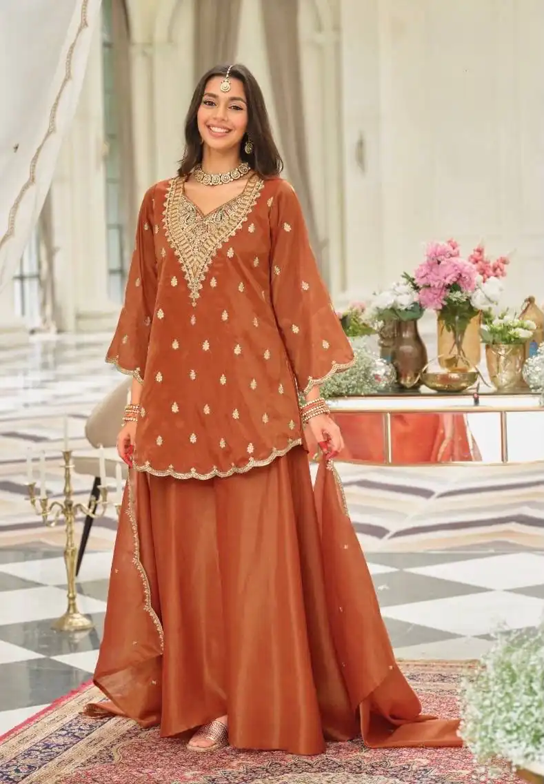 ST 243 Rust Color Natural Crep Salwar Suit with Embroidery Work. Wedding, Party, Festive, Best Price ₹2199. Delivery 4-6 Working Days. Shop now. | Casual Suits, Jump Suits, Creative suits, Designer Suits, Palazzo Suits, Party Wear Suits, Patiala Suits, Salwar suit, Straight Suits