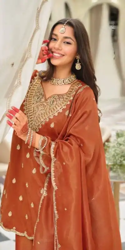 ST 243 Rust Color Natural Crep Salwar Suit with Embroidery Work. Wedding, Party, Festive, Best Price ₹2199. Delivery 4-6 Working Days. Shop now. | Casual Suits, Jump Suits, Creative suits, Designer Suits, Palazzo Suits, Party Wear Suits, Patiala Suits, Salwar suit, Straight Suits