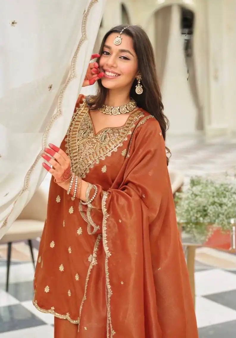 ST 243 Rust Color Natural Crep Salwar Suit with Embroidery Work. Wedding, Party, Festive, Best Price ₹2199. Delivery 4-6 Working Days. Shop now. | Casual Suits, Jump Suits, Creative suits, Designer Suits, Palazzo Suits, Party Wear Suits, Patiala Suits, Salwar suit, Straight Suits