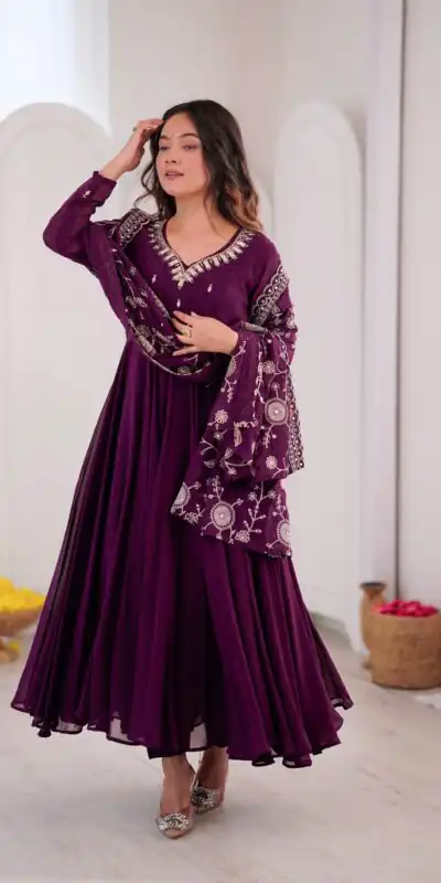 ZF 5025 Wine Faux Georgette Gown Perfect for Wedding, Party, Raksha Bandhan, Temple Visit, Onam – . Get it for ₹2149. Delivery 4-6 Working Days. Shop now | Bollywood Gowns, Creative Gowns, Designer Gowns, Embroidered Gowns, Gowns, Party Wear Gowns