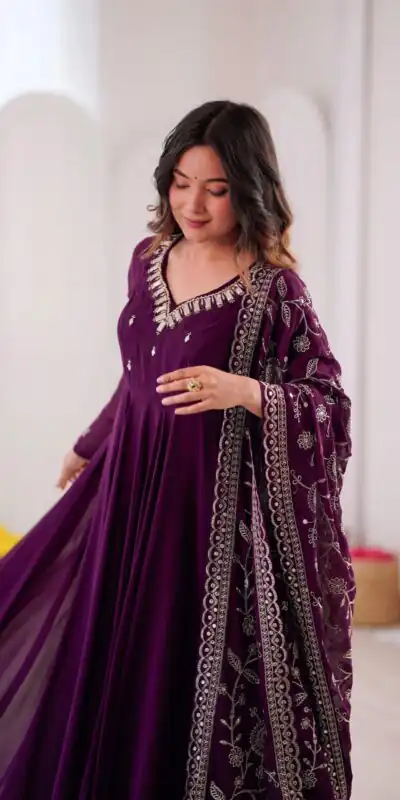 ZF 5025 Wine Faux Georgette Gown Perfect for Wedding, Party, Raksha Bandhan, Temple Visit, Onam – . Get it for ₹2149. Delivery 4-6 Working Days. Shop now | Bollywood Gowns, Creative Gowns, Designer Gowns, Embroidered Gowns, Gowns, Party Wear Gowns