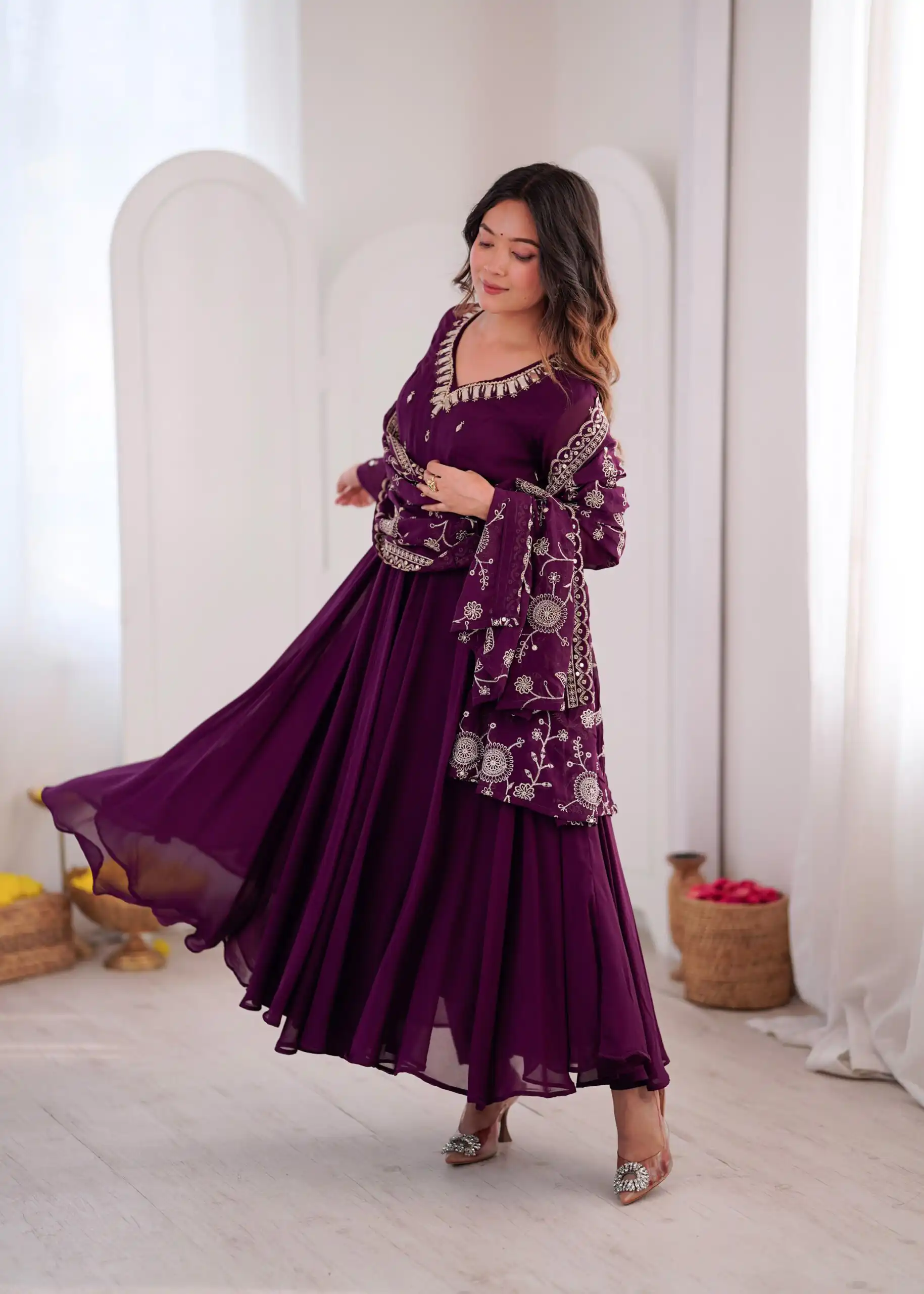 ZF 5025 Wine Faux Georgette Gown Perfect for Wedding, Party, Raksha Bandhan, Temple Visit, Onam – . Get it for ₹2149. Delivery 4-6 Working Days. Shop now | Bollywood Gowns, Creative Gowns, Designer Gowns, Embroidered Gowns, Gowns, Party Wear Gowns