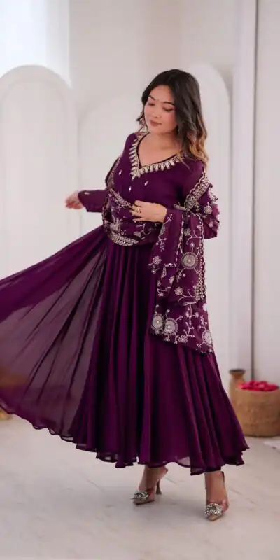 ZF 5025 Wine Faux Georgette Gown Perfect for Wedding, Party, Raksha Bandhan, Temple Visit, Onam – . Get it for ₹2149. Delivery 4-6 Working Days. Shop now | Bollywood Gowns, Creative Gowns, Designer Gowns, Embroidered Gowns, Gowns, Party Wear Gowns