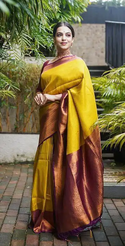Alternative view of Shiny Yellow Lichi Silk Jacquard Border Work Saree