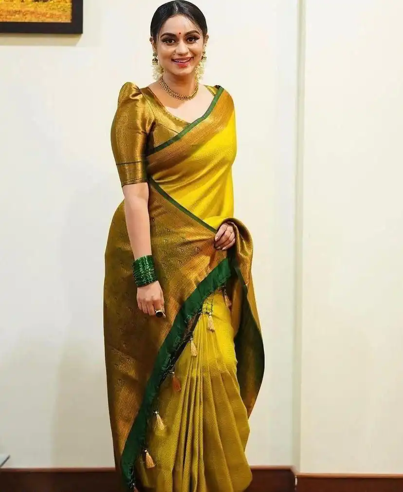 KP 4039 Yellow Soft Lichi Silk Cloth Saree Perfect for Wedding, Party, Family Gatherings, Sangeet, Festive Deal ₹1599. Delivery 4-6 Working Days | Creative Sarees, Bollywood Sarees, Designer Sarees, Embroidered Sarees, Ethnic Saree, Modern Digital sarees, Party Wear Sarees, Sarees