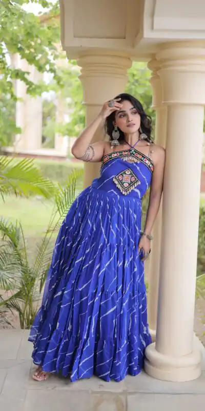KA 1270 Blue in Colour Faux Georgette Bandhani Print Work Gown. Available at ₹2019 only. Delivery 4-6 Working Days. Shop now. | Bollywood Gowns, Creative Gowns, Designer Gowns, Embroidered Gowns, Gowns, Party Wear Gowns
