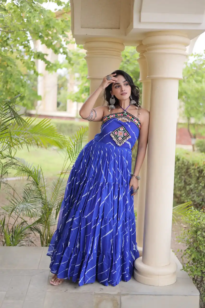 KA 1270 Blue in Colour Faux Georgette Bandhani Print Work Gown. Available at ₹2019 only. Delivery 4-6 Working Days. Shop now. | Bollywood Gowns, Creative Gowns, Designer Gowns, Embroidered Gowns, Gowns, Party Wear Gowns