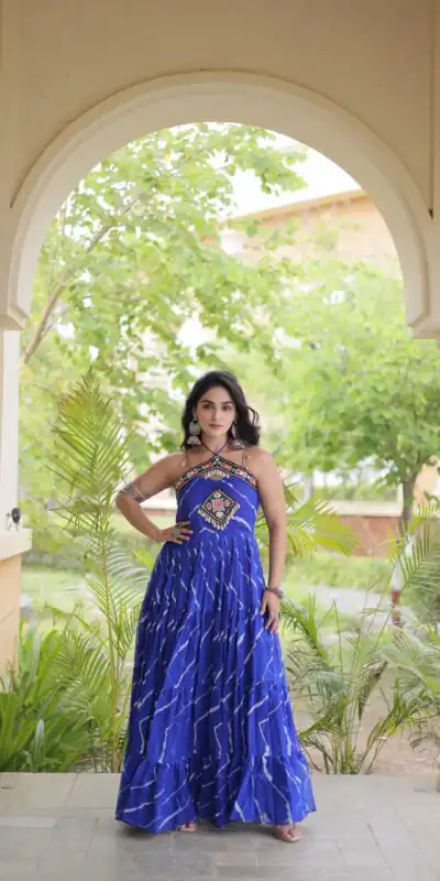 KA 1270 Blue in Colour Faux Georgette Bandhani Print Work Gown. Available at ₹2019 only. Delivery 4-6 Working Days. Shop now. | Bollywood Gowns, Creative Gowns, Designer Gowns, Embroidered Gowns, Gowns, Party Wear Gowns