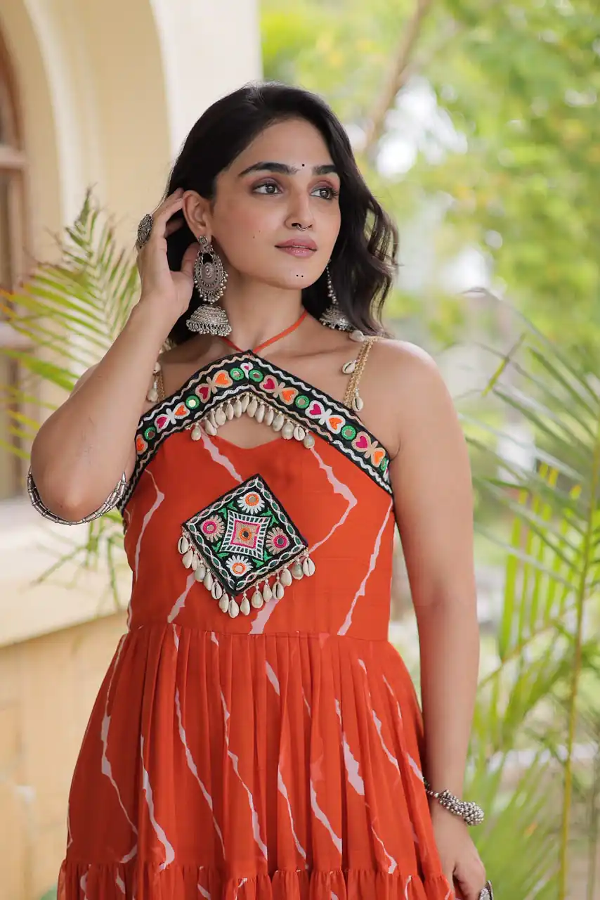 KA 1270 Orange in Colour Faux Georgette Bandhani Print Work Gown. Available at ₹2019 only. Delivery 4-6 Working Days. Shop now. | Bollywood Gowns, Creative Gowns, Designer Gowns, Embroidered Gowns, Gowns, Party Wear Gowns