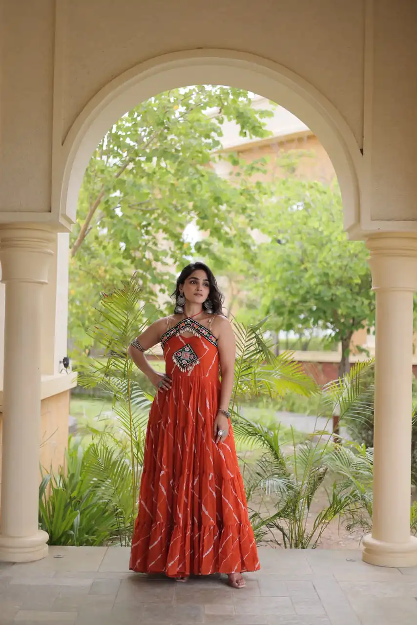 KA 1270 Orange in Colour Faux Georgette Bandhani Print Work Gown. Available at ₹2019 only. Delivery 4-6 Working Days. Shop now. | Bollywood Gowns, Creative Gowns, Designer Gowns, Embroidered Gowns, Gowns, Party Wear Gowns