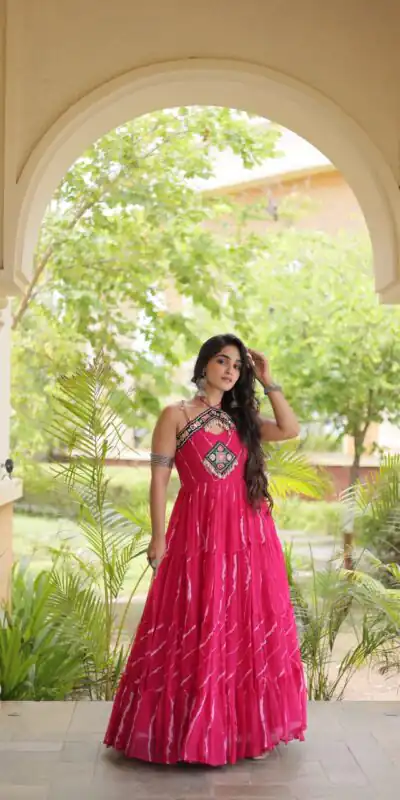 KA 1270 Pink in Colour Faux Georgette Bandhani Print Work Gown. Available at ₹2019 only. Delivery 4-6 Working Days. Shop now. | Bollywood Gowns, Creative Gowns, Designer Gowns, Embroidered Gowns, Gowns, Party Wear Gowns
