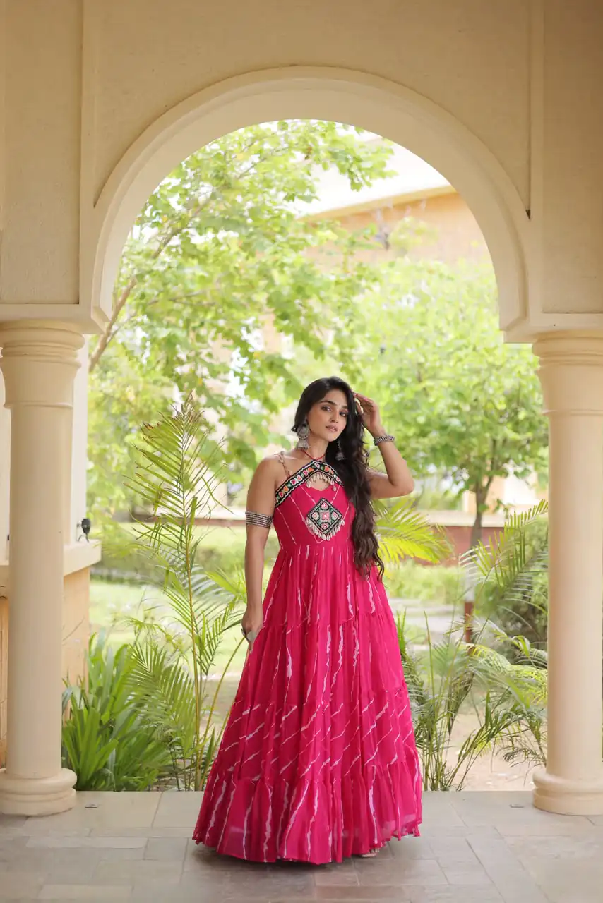 KA 1270 Pink in Colour Faux Georgette Bandhani Print Work Gown. Available at ₹2019 only. Delivery 4-6 Working Days. Shop now. | Bollywood Gowns, Creative Gowns, Designer Gowns, Embroidered Gowns, Gowns, Party Wear Gowns