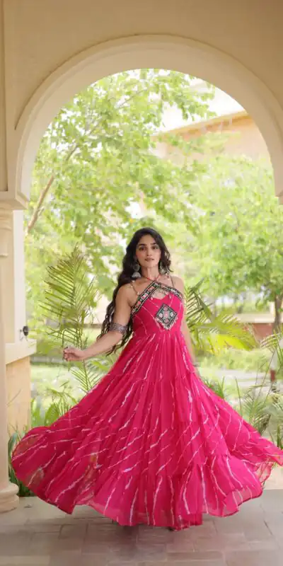 KA 1270 Pink in Colour Faux Georgette Bandhani Print Work Gown. Available at ₹2019 only. Delivery 4-6 Working Days. Shop now. | Bollywood Gowns, Creative Gowns, Designer Gowns, Embroidered Gowns, Gowns, Party Wear Gowns
