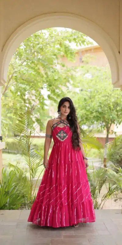 KA 1270 Pink in Colour Faux Georgette Bandhani Print Work Gown. Available at ₹2019 only. Delivery 4-6 Working Days. Shop now. | Bollywood Gowns, Creative Gowns, Designer Gowns, Embroidered Gowns, Gowns, Party Wear Gowns