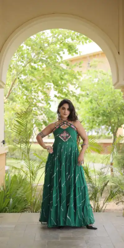 KA 1270 Teal in Colour Faux Georgette Bandhani Print Work Gown. Available at ₹2019 only. Delivery 4-6 Working Days. Shop now. | Bollywood Gowns, Creative Gowns, Designer Gowns, Embroidered Gowns, Gowns, Party Wear Gowns