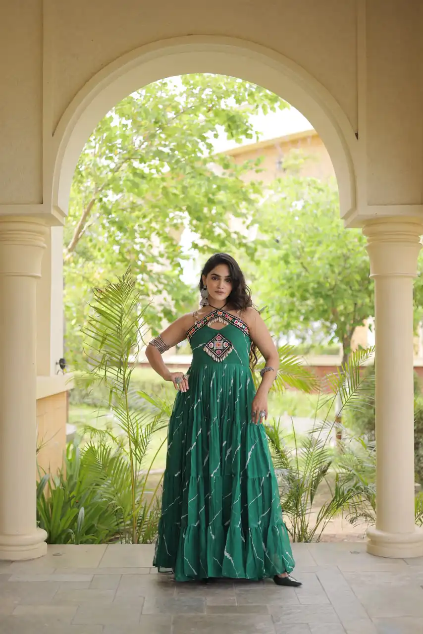 KA 1270 Teal in Colour Faux Georgette Bandhani Print Work Gown. Available at ₹2019 only. Delivery 4-6 Working Days. Shop now. | Bollywood Gowns, Creative Gowns, Designer Gowns, Embroidered Gowns, Gowns, Party Wear Gowns