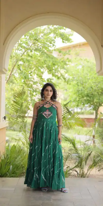 KA 1270 Teal in Colour Faux Georgette Bandhani Print Work Gown. Available at ₹2019 only. Delivery 4-6 Working Days. Shop now. | Bollywood Gowns, Creative Gowns, Designer Gowns, Embroidered Gowns, Gowns, Party Wear Gowns