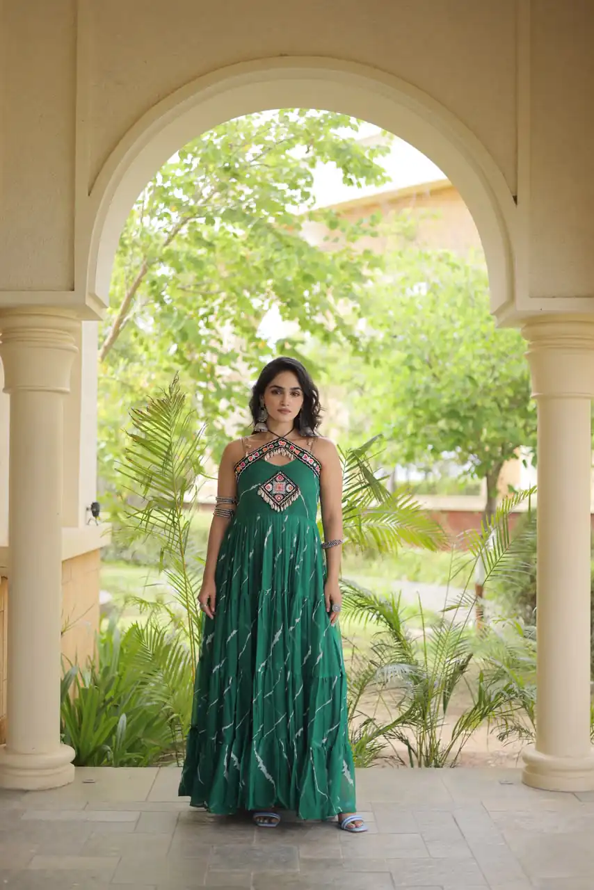 KA 1270 Teal in Colour Faux Georgette Bandhani Print Work Gown. Available at ₹2019 only. Delivery 4-6 Working Days. Shop now. | Bollywood Gowns, Creative Gowns, Designer Gowns, Embroidered Gowns, Gowns, Party Wear Gowns