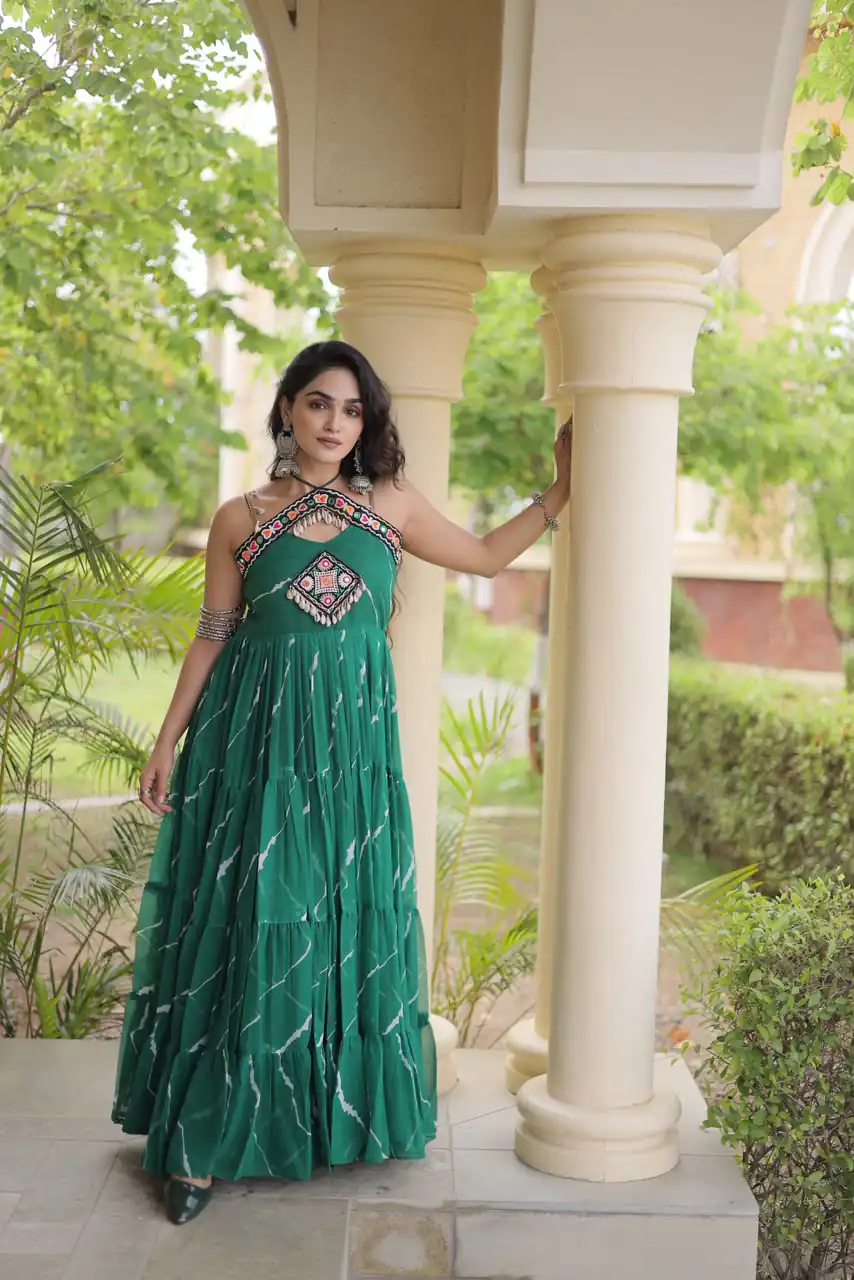 KA 1270 Teal in Colour Faux Georgette Bandhani Print Work Gown. Available at ₹2019 only. Delivery 4-6 Working Days. Shop now. | Bollywood Gowns, Creative Gowns, Designer Gowns, Embroidered Gowns, Gowns, Party Wear Gowns