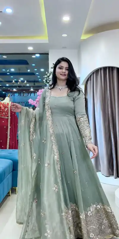 SSR 550 Grey in Crunchy Silk Embroidery Work & Lace Work Gown . Special Price ₹2799. Delivery 4-6 Working Days. Shop now. | Bollywood Gowns, Creative Gowns, Designer Gowns, Embroidered Gowns, Gowns, Party Wear Gowns