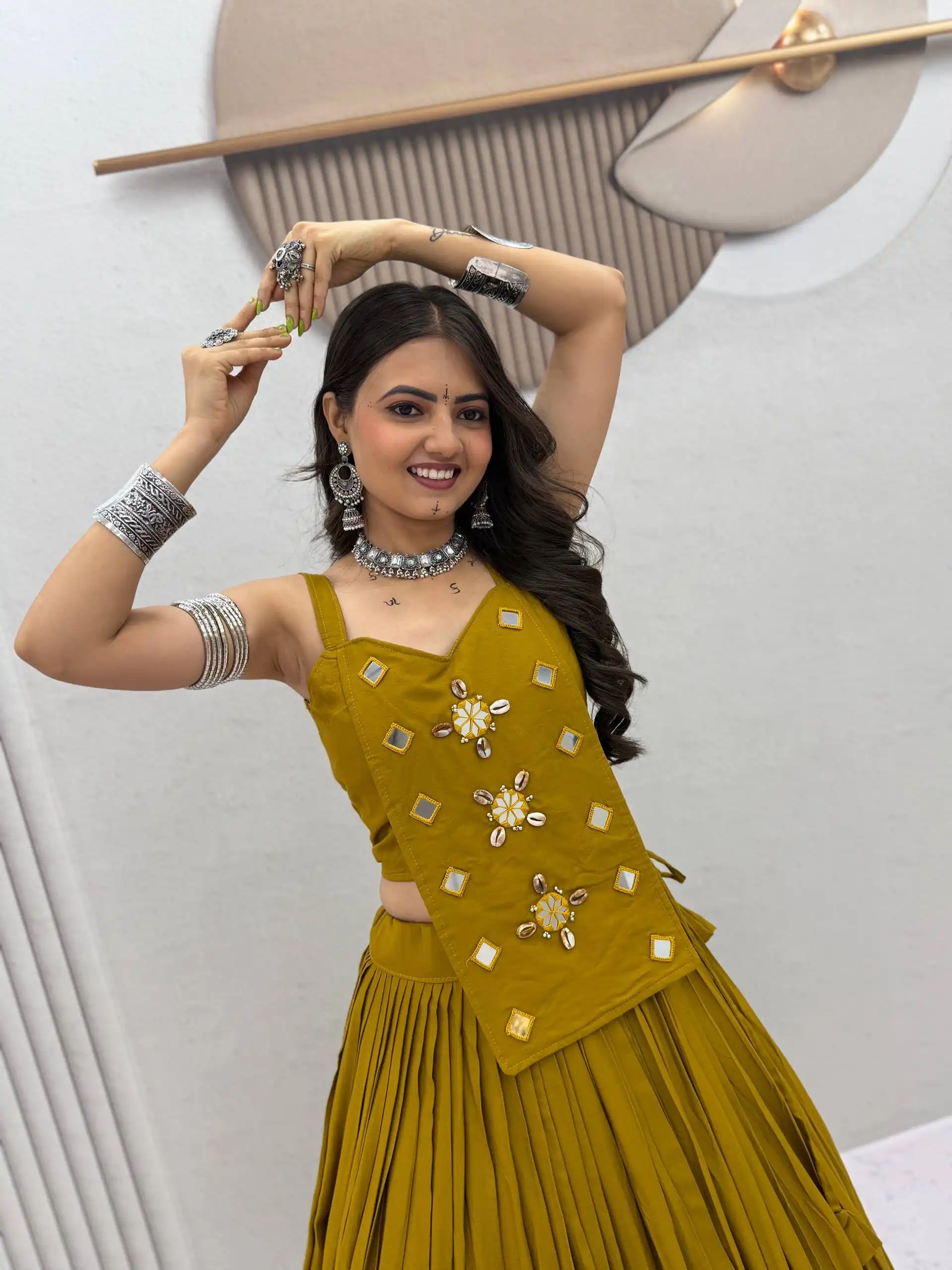 PC 581 Mustered Color Pure Cotton Lehenga Choli with Cowrie Work. Festive Deal ₹2999. Delivery 4-6 Working Days. Online Shop now. | Bollywood Lehenga, Creative Lehenga, Designer Lehenga, Embroidered Lehenga, Lehenga, Party Wear Lehenga