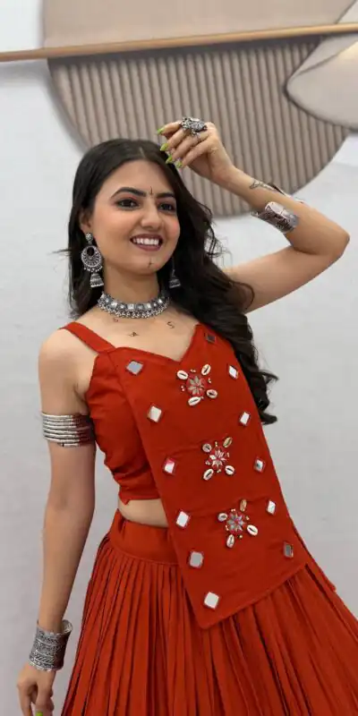 PC 581 Rust Color Pure Cotton Lehenga Choli with Cowrie Work. Festive Deal ₹2999. Delivery 4-6 Working Days. Online Shop now. | Bollywood Lehenga, Creative Lehenga, Designer Lehenga, Embroidered Lehenga, Lehenga, Party Wear Lehenga