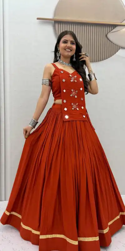 PC 581 Rust Color Pure Cotton Lehenga Choli with Cowrie Work. Festive Deal ₹2999. Delivery 4-6 Working Days. Online Shop now. | Bollywood Lehenga, Creative Lehenga, Designer Lehenga, Embroidered Lehenga, Lehenga, Party Wear Lehenga