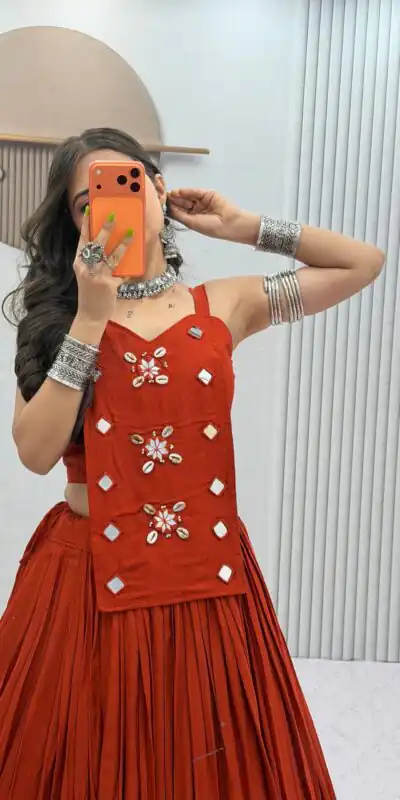PC 581 Rust Color Pure Cotton Lehenga Choli with Cowrie Work. Festive Deal ₹2999. Delivery 4-6 Working Days. Online Shop now. | Bollywood Lehenga, Creative Lehenga, Designer Lehenga, Embroidered Lehenga, Lehenga, Party Wear Lehenga