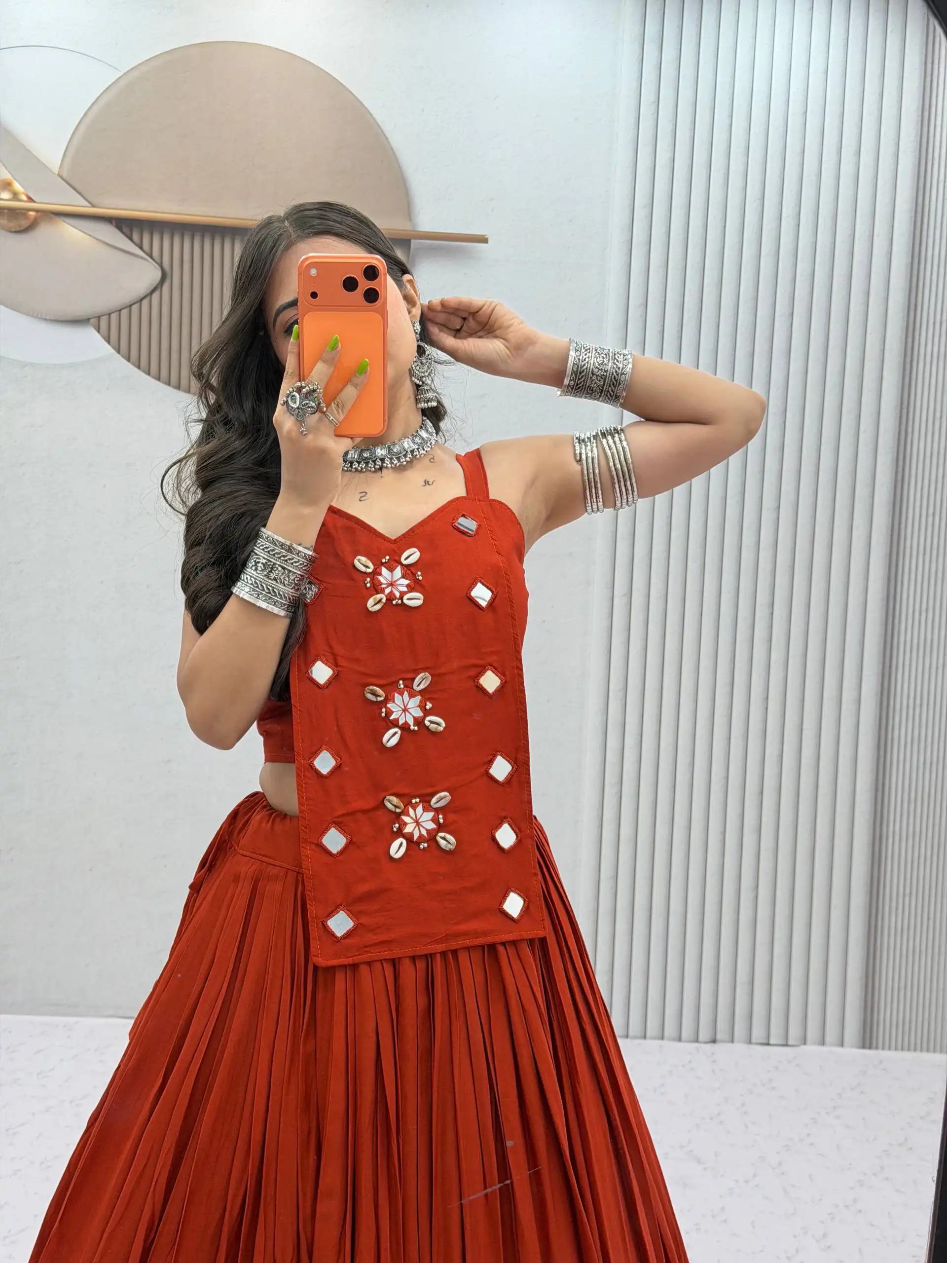 PC 581 Rust Color Pure Cotton Lehenga Choli with Cowrie Work. Festive Deal ₹2999. Delivery 4-6 Working Days. Online Shop now. | Bollywood Lehenga, Creative Lehenga, Designer Lehenga, Embroidered Lehenga, Lehenga, Party Wear Lehenga