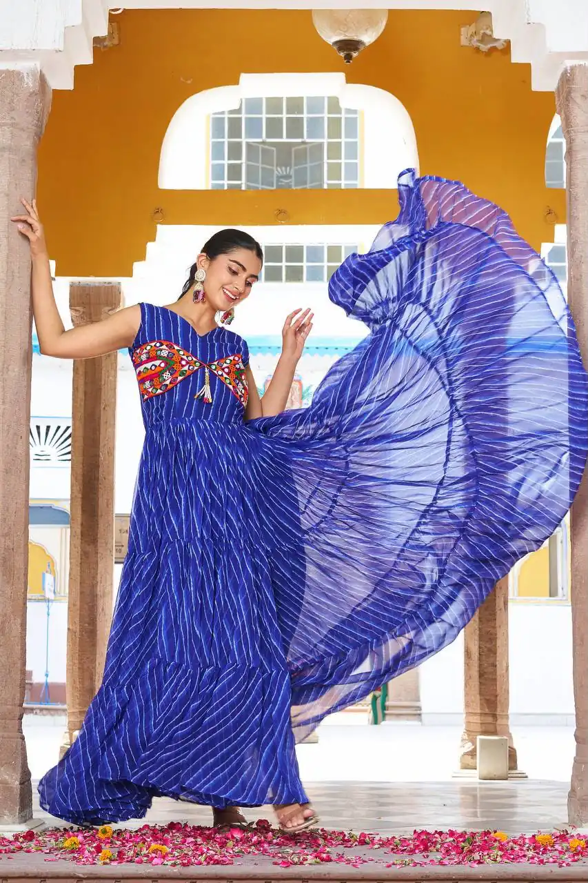 Ram 112 Blue in Colour Faux Georgette Bandhani Print Work Gown. Available at ₹1949 only. Delivery 4-6 Working Days. Shop now. | Bollywood Gowns, Creative Gowns, Designer Gowns, Embroidered Gowns, Gowns, Party Wear Gowns