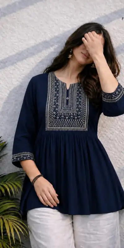 Adaa 2.0 Blue Colour Rayon Cotton Kurti with Embroidery Work. Introductory Price ₹1549. Delivery 4-6 Working Days. Shop now. | Bollywood Kurti, Creative Kurtis, Designer Kurti, Kurti, Party Wear Kurti, Selfie Kurti