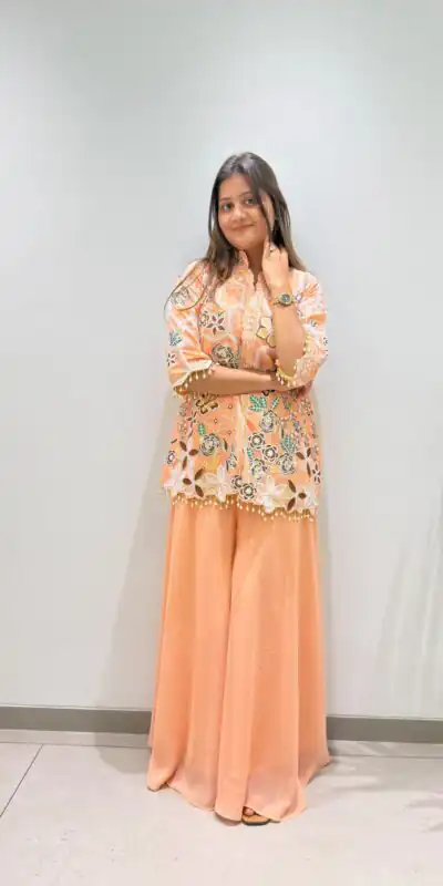 BE 492 Peach in Fox Georgette. Sequins Work & Embroidery Work Salwar Suit Special Price ₹2299. Delivery 4-6 Working Days. Shop now. | Casual Suits, Jump Suits, Creative suits, Designer Suits, Palazzo Suits, Party Wear Suits, Patiala Suits, Salwar suit, Straight Suits